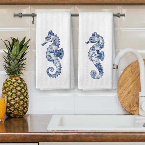 Summer22 Coastal Seahorse Kitchen Dish Towels Set of 2 - Blue & White Chinoiserie Decor