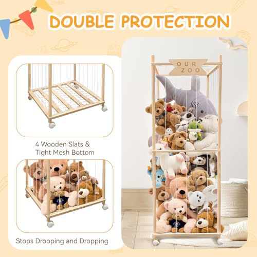Wooden Stuffed Animal Storage Zoo with Wheels - Large Toy Organizer Cage