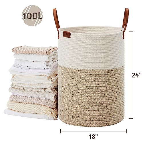 100L Tall Woven Cotton Rope Laundry Hamper with Leather Handles
