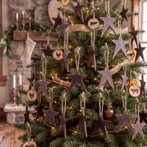 Wenqik 24 Rustic Christmas Wooden Star Ornaments – Vintage Primitive with Hemp Rope (Star/Vintage/24)