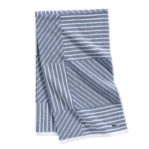 Lacoste Guethary Striped Cotton Bath Towel - Denim, 30x54 inches, Reversible Design