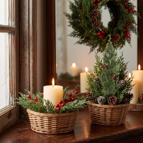 Lovemoon 70 Pcs Artificial Pine Branches Red Berry Stems Christmas Greenery