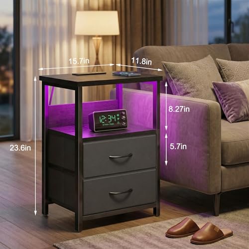 Black LED Nightstand with Charging Station, 2 Fabric Drawers & USB Ports