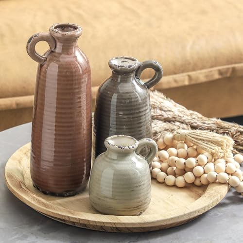 Rustic Ceramic Vases Set of 3 - Brown Boho Farmhouse Decorative Vases