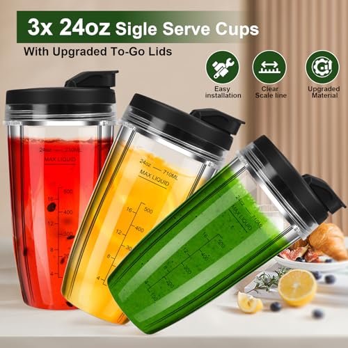 24oz Blender Replacement Cups with Leak-Proof Lids, 3-Pack BPA-Free Plastic