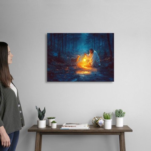 Christian Wall Art | Jesus and Lamb Canvas Decor - Prayer Room Serenity Prayer (24" x 16")