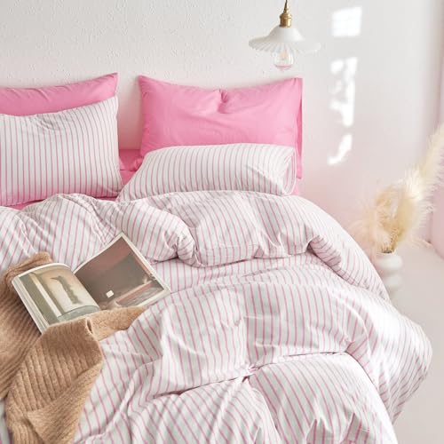 Pink Striped Cotton Duvet Cover Set - Queen Farmhouse 3-Piece Bedding