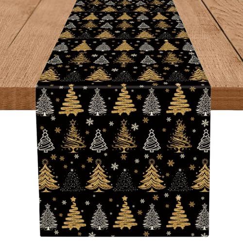 GPGHE Black and Gold Christmas Table Runner 13'' x 108'' Seasonal Dining Decor