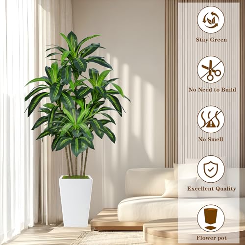 6FT Artificial Dracaena Tree in White Planter - Realistic Indoor Plant