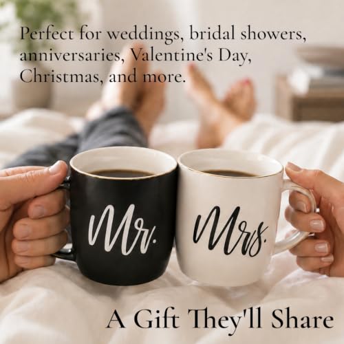 Couples Coffee Mugs Set - Mr. & Mrs. 13oz Ceramic Gift Box with Gold Details