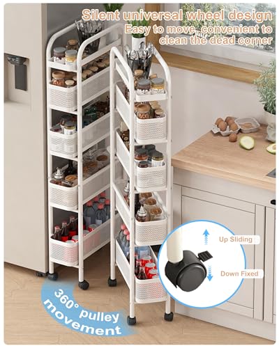 5-Tier Narrow Mobile Storage Cart with Pull-Out Baskets - 6.9-Inch Slim Rack