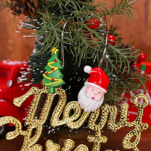 ZCHOMI 12PCS Christmas Shower Curtain Hooks - 4 Design Winter Holiday Bath Decor