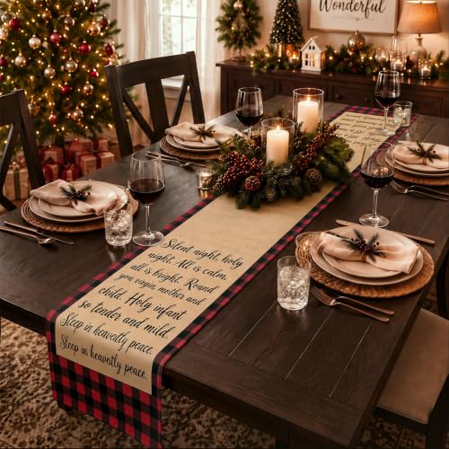 CrystalSylara Red and Black Plaid Christmas Table Runner, Silent Night Design, 118 Inch