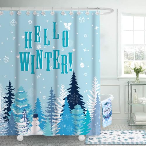 Blue Christmas Shower Curtain Set with Hooks, Towels & Rug - Holiday Bathroom Decor