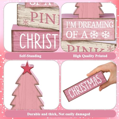 Lineshading Pink Christmas Tree Sign 4-Piece Wooden Table Decor Set
