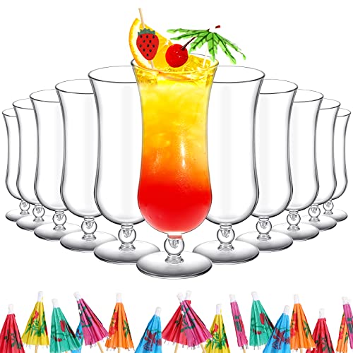 12 Pcs Plastic Hurricane Glasses & Cocktail Picks Set - 15oz Reusable Drinkware for Parties