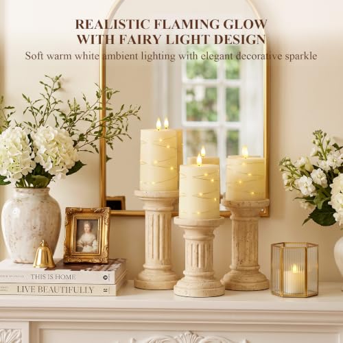 Homemory Ivory Flameless Candles with 3D Wicks & String Lights (Set of 3) Remote, Timer, 2.9/3.5/4.5in