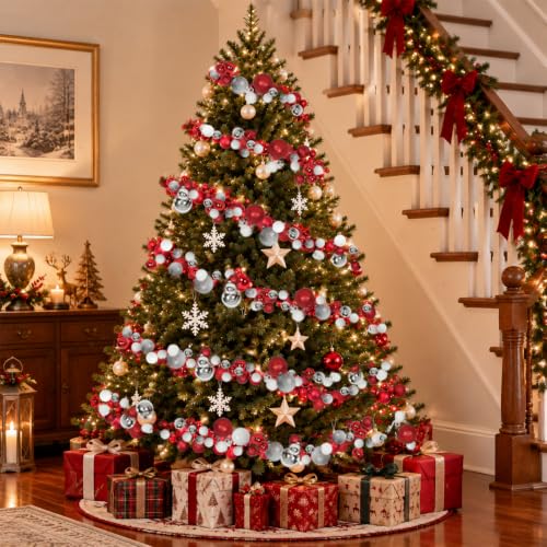 RECUTMS 2 Pack 6ft Silver Red White Christmas Garland Ornaments - Shatterproof Decor