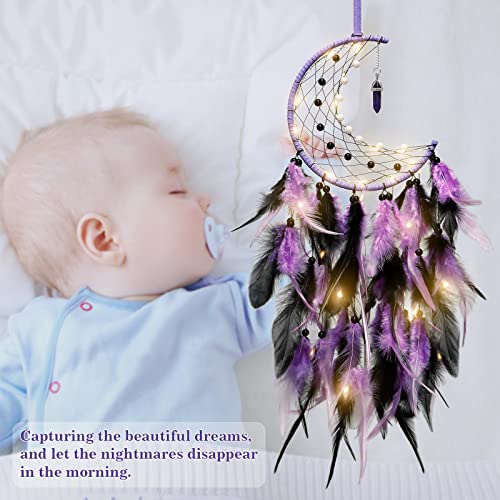Handmade Purple Moon Dream Catcher with Fairy Lights Wall Hanging Decor