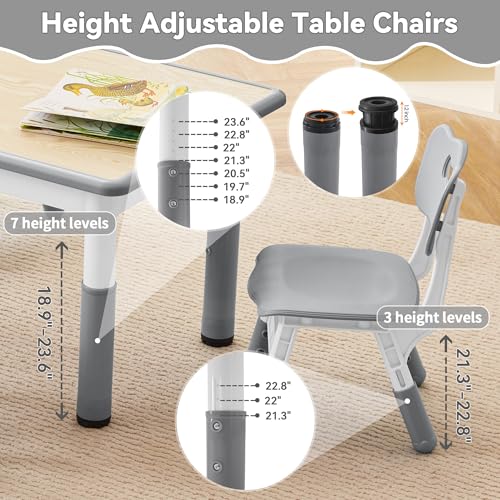 GITAWUSA Kids Study Table & 2 Chairs Set, Height Adjustable, Graffiti Desktop, Grey