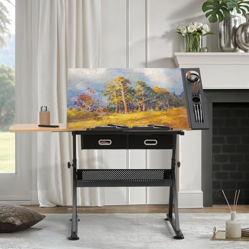 39-inch Adjustable Drafting Table and Stool Set with Storage Drawers