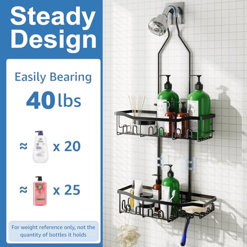 Joqixon Extended Length Shower Caddy Organizer with Hooks, Rustproof Stainless Steel Hanging Shampoo and Soap Holder