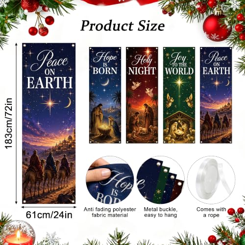 4Pcs Nativity Church Banner Set - 72 x 24 in, MOIZYNG National/ Holy Night Joy to the World Peace on Earth Hope Is Born