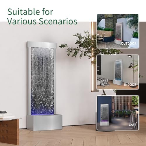 48-inch Stainless Steel Mirror Waterfall Fountain with 7-Color LED Lights