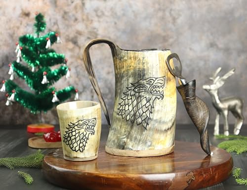 Handcrafted Viking Horn Mug Set with Shot Glass and Bottle Opener