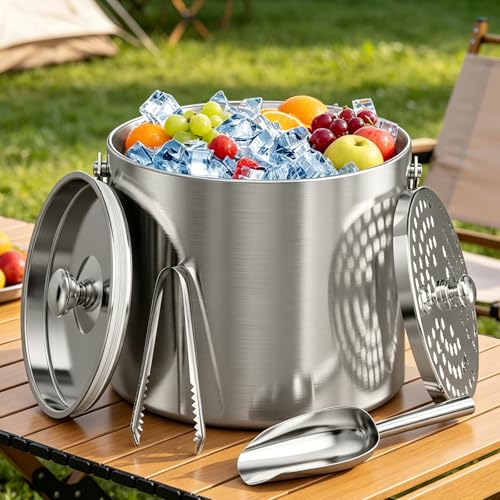 Stainless Steel 3L Double Wall Ice Bucket with Lid, Tongs & Scoop for Cocktails & Party Drinks