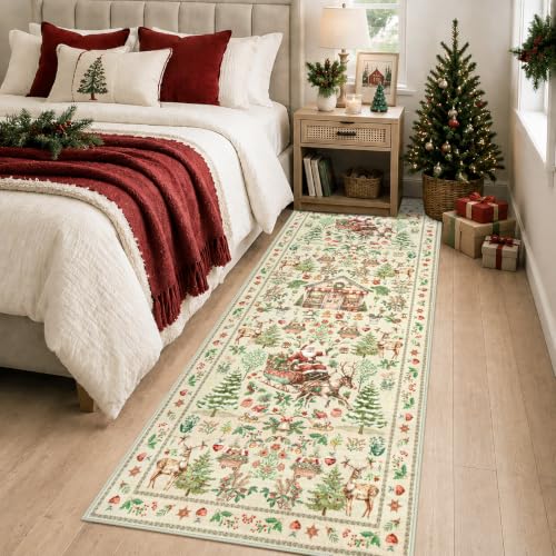 Rugalia Christmas Runner Rug 2.7x8 Beige Santa Claus Washable Hallway Rug