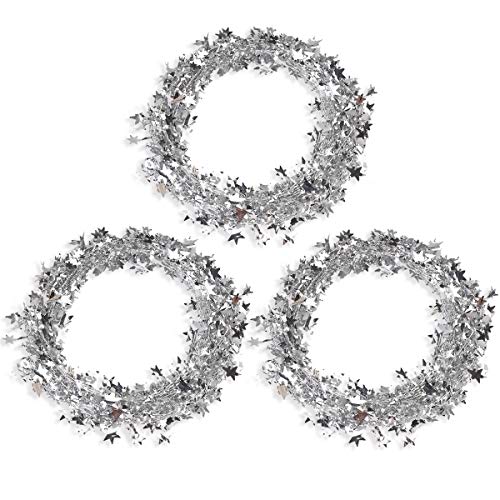 Silver Star Tinsel Wire Garland for Christmas Tree Decor, 75ft (3-Pack)