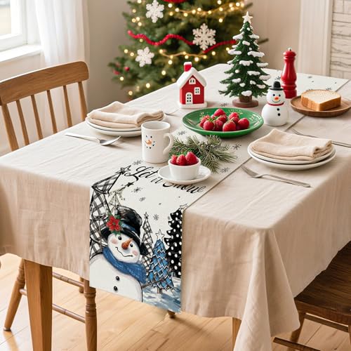 Artscope Blue Snowman Christmas Tree Table Runner 13x72 Inch Holiday Decor