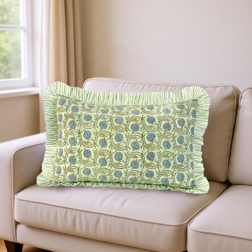 Ridhi Hand Block Print Green Cotton Pillow Sham 20x12 Inch Decor Accent