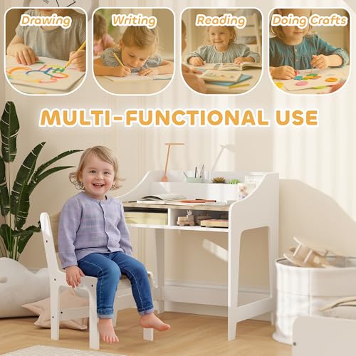 Kids Desk and Chair Set with Storage - Natural Wood Study Table for Children