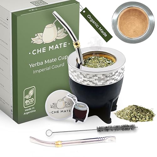 Argentina-Uruguay Yerba Mate Cup and Bombilla Set | Organic Gourd Tea Mug with Steel Straw & Cleaning Brush