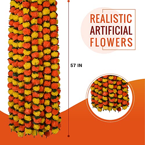 Artificial Marigold Garland 5 Feet Long 5 Pc Yellow & Green Floral Decorations
