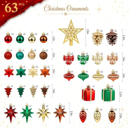 JOIVORAN 63pcs Mini Christmas Ornaments Set - Red, Green & Gold Holiday Decor