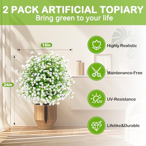 2-Pack UV Resistant Artificial White Flower Bushes with Ground Stakes