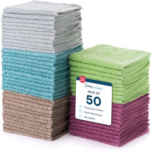 Simpli-Magic 12x12 Cotton Washcloths Pack of 50 – Multicolor, Soft & Absorbent