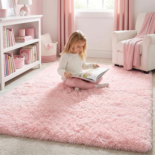 Light Pink Fluffy Area Rug (4x6) - Soft Plush Shag Carpet for Kids Bedroom