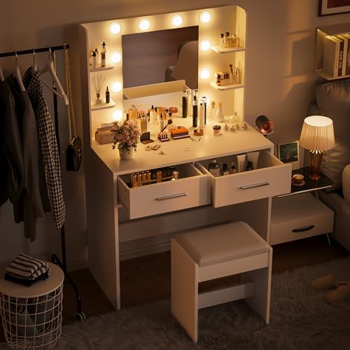 Makeup Vanity Desk with Lighted Mirror, Charging Station, and Bench, White