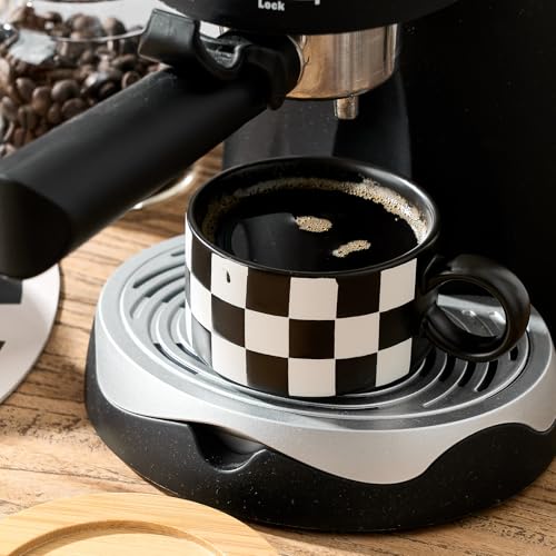 LUKA Black & White Checkered Ceramic Espresso Cup Set with Saucers & Stand - 4 Pcs