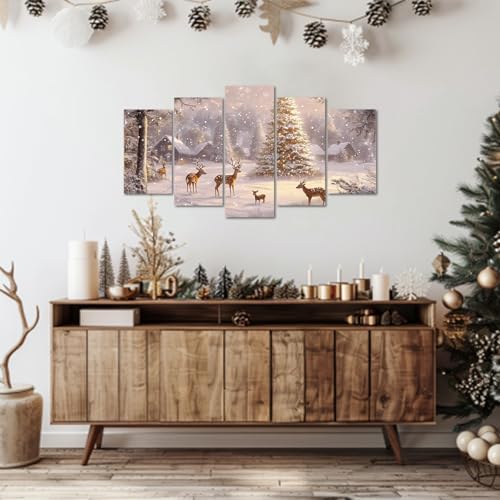 Christmas Canvas Wall Art 5 Piece Snow Deer & Tree Winter Scene Rustic Decor 8x14x2 8x18x2 8x22x1