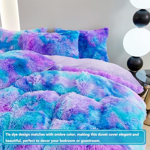 Twin Size Tie Dye Faux Fur Duvet Cover Set - 3-Piece Shaggy Bedding