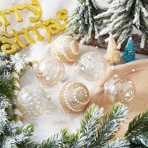 Christmas Ball Ornaments Set - Champagne 70mm Shatterproof Plastic Decorations with Pearl Accents - Variation of THIS listing