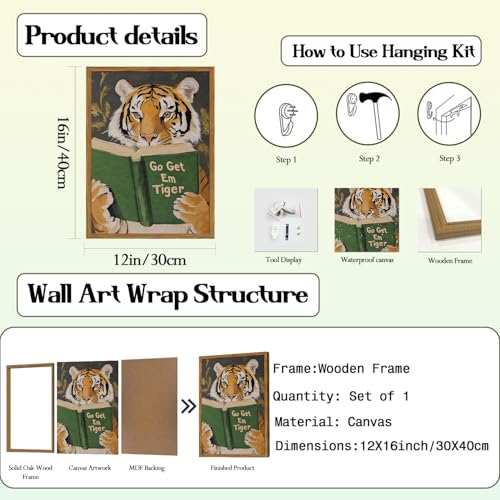 Funny Tiger Reading Canvas Wall Art - 12x16 Framed Motivational Decor