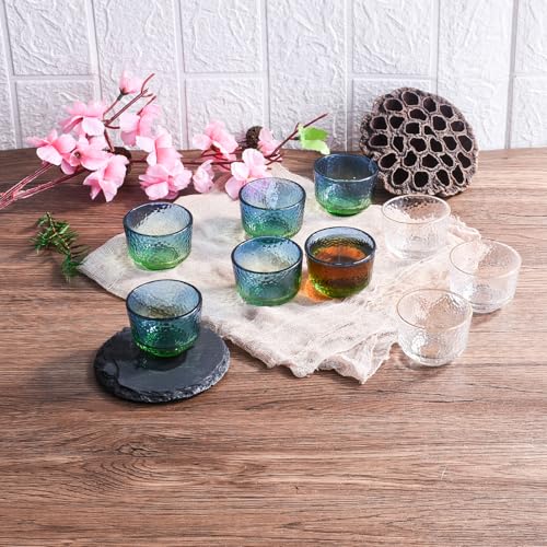 Whitenesser Set of 6 Blue Green Hammered Glass Sake Cups 2.2" Small Drinkware