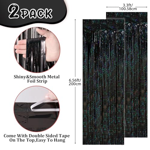 Black Foil Fringe Backdrop Curtains - 2 Pack Tinsel Streamers for Parties