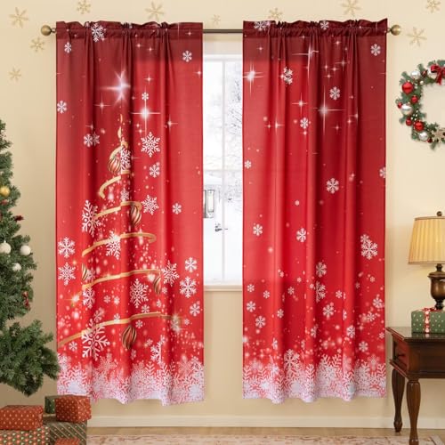 MikiUp Snowflakes Christmas Curtains 52x84 in, Pack of 2, Red Ombre Room Darkening Drapes
